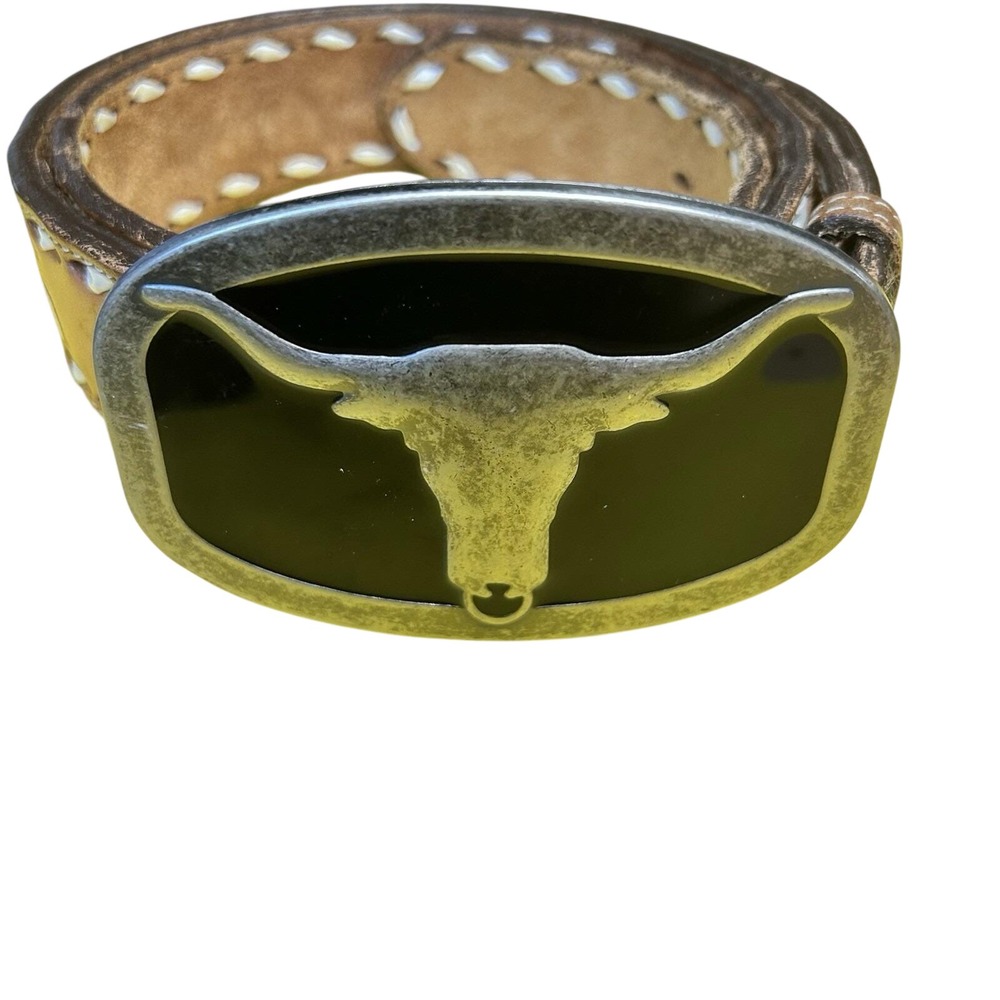 Nocona Belt Co Tooled Leather Belt Mens 36 Brown Good Longhorn Bull Buckle‎
